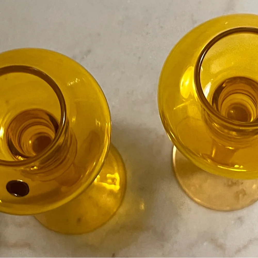 Set Of 2 Vintage Made In Italy Empoli Hand Blown Yellow Glass Candle Sticks